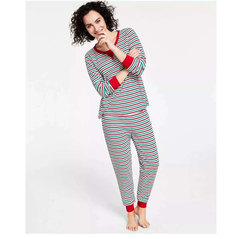 Family Pajamas Women's Waffle Knit 2-Piece PJ Set, Red Green Candy Cane Stripe